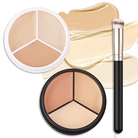 2 Pcs Tri-Color Face Concealer Contour Palette With Brush For Light Medium Skin. Correct Cream Foundation Palette For Under Eye Dark Circles Eyelid Tattoo. Ivory Cream Makeup Plate Corrector