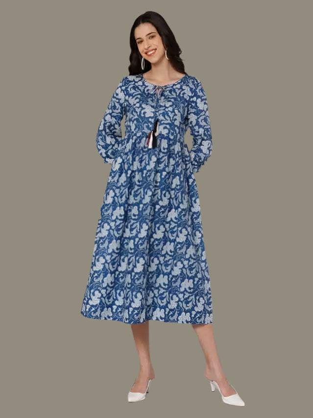 Anarkali Poly Crepe Printed Kurti for Women (Grey & Blue, M)